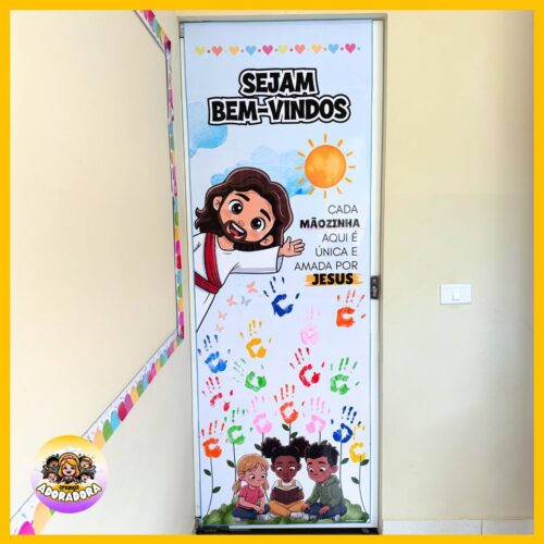 PAINEL DE PORTA PARA CARIMBO DA MÃOZINHA - TEMA JESUS E OS PEQUENINOS